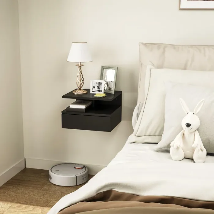 Comodino Sospeso per Camera da Letto 35x32x22,5 cm con Cassetto in Legno Nero - immagine 2