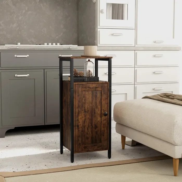 Comodino Stile Industriale 2 Ripiani e Scaffale Interno Regolabile 34x30x80 cm in Legno e Acciaio Marrone - immagine 2