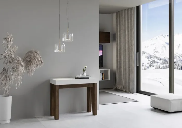 Consolle Allungabile 90-196x40x77 cm in Nobilitato Bianco e Marrone - immagine 2