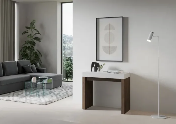 Consolle Allungabile 90-196x40x77 cm in Nobilitato Bianco e Noce - immagine 2