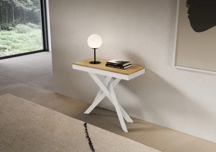 Consolle Allungabile 90-196x40x77 cm Saki Small Evolution Quercia Natura Gambe Bianche - immagine 2