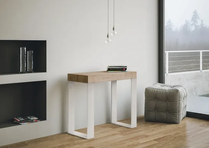 Consolle Allungabile 90-196x40x77 cm Tecno Small Quercia Natura telaio Bianco - immagine 2