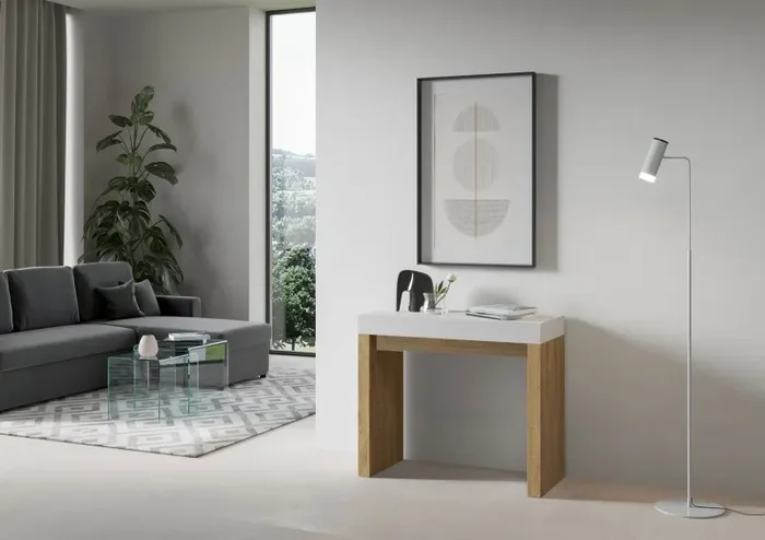 Consolle Allungabile 90-300x40x77 cm in Nobilitato Bianco e Marrone - immagine 2