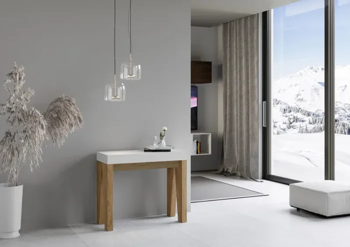 Consolle Allungabile 90-300x40x77 cm in Nobilitato Bianco e Marrone - immagine 2