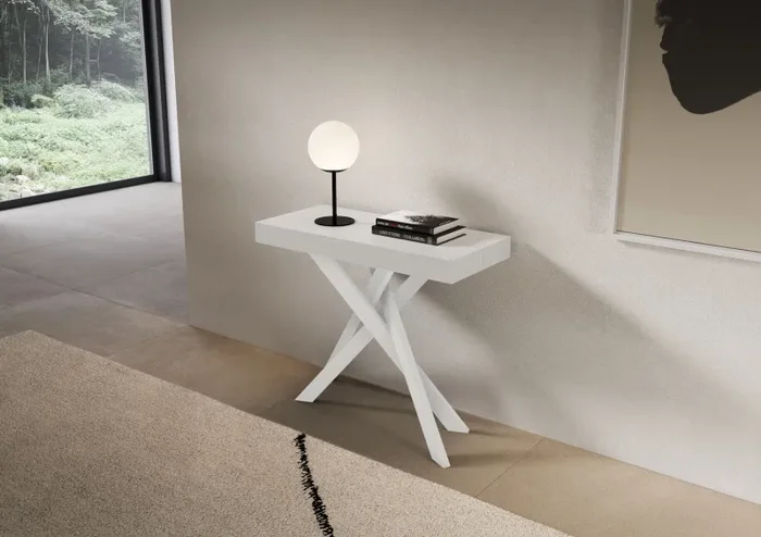 Consolle Allungabile 90-300x40x77 cm Saki Bianco Frassino Gambe Bianche - immagine 2