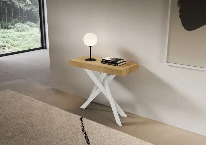 Consolle Allungabile 90-300x40x77 cm Saki Quercia Natura Gambe Bianche - immagine 2