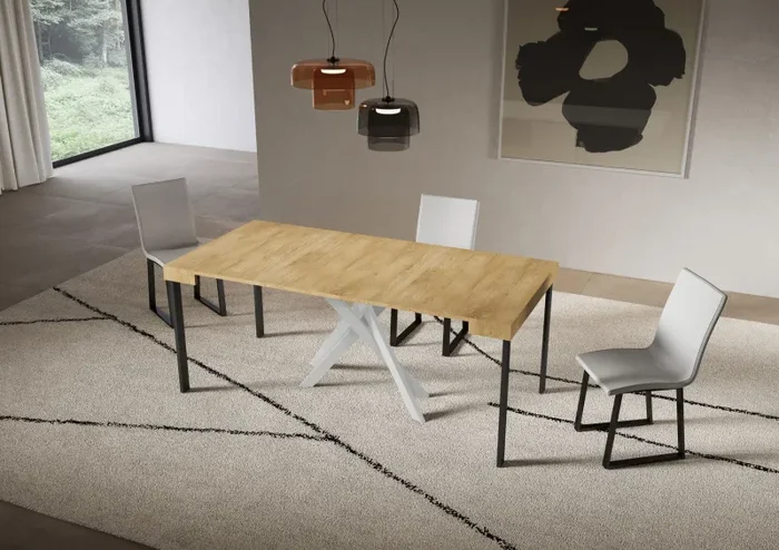 Consolle Allungabile 90-300x40x77 cm Saki Quercia Natura Gambe Bianche - immagine 3