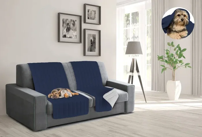 Copridivano a Fascia Doubleface Trapuntato 60x190cm Blu Scuro/Grigio Chiaro - immagine 2