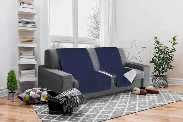 Copridivano a Fascia Doubleface Trapuntato 60x190cm Blu Scuro/Grigio Chiaro - immagine 3