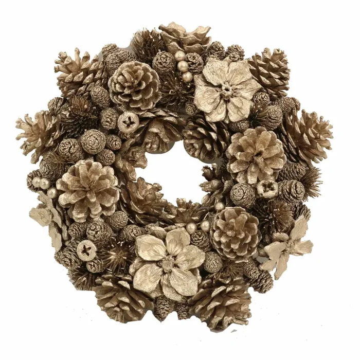 Coroncina con fiori e pigne champagne cm Ø30xh8