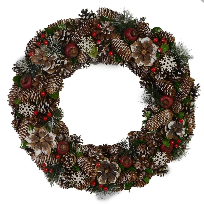 Coroncina innevata con bacche bianche e fiori cm Ø45xh8,5 Sconti