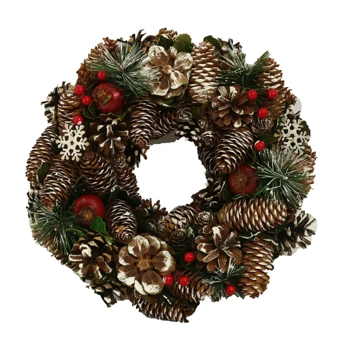 Coroncina innevata con bacche e fiori verde cm Ø30xh7,5