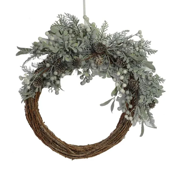 Coroncina innevata con pigne marrone cm 51x46xh12 Vendita calda