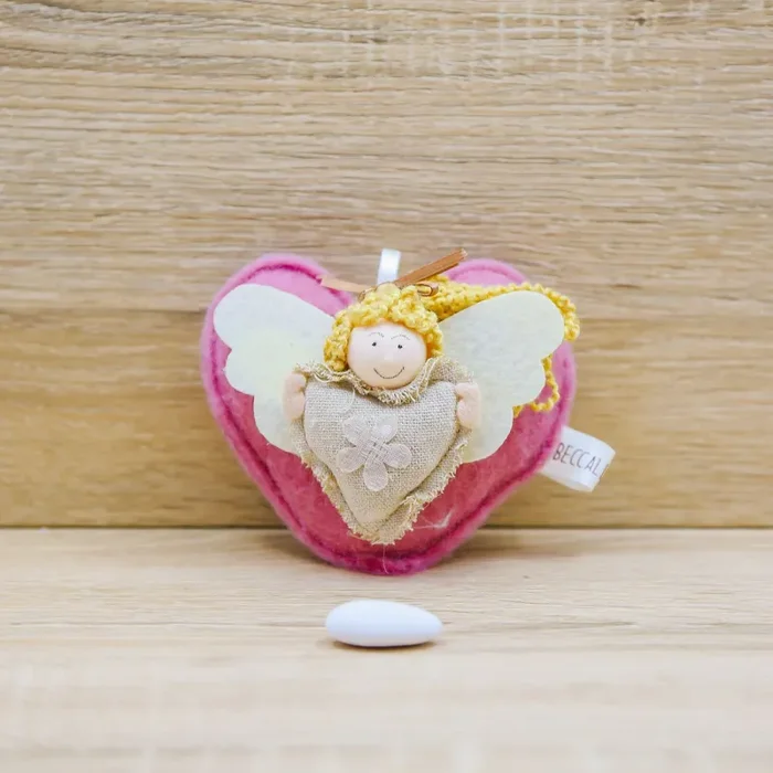 Cuore Fucsia Profumato, Angioletto e Sacchetto con Rose Beccalli for Life