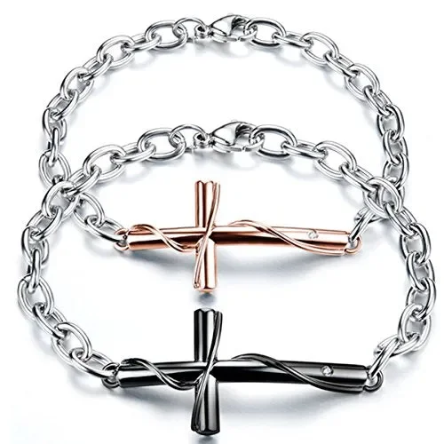 Cupimatch Coppia Lovers Braccialetto Bracciale Acciaio Inox Croce Nero Oro(1…