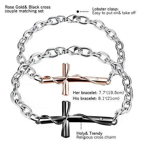 Cupimatch Coppia Lovers Braccialetto Bracciale Acciaio Inox Croce Nero Oro(1… - immagine 2