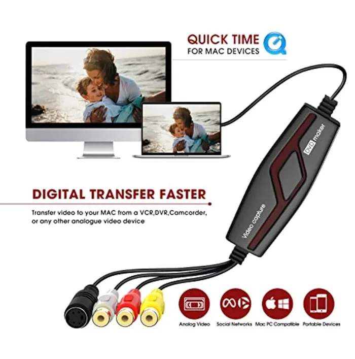 DIGITNOW!Grabber Video Scheda di Acquisizione Video USB, Trasferisce Convertitore Analogico Hi8 VHS in DVD Digitale per Windows 10/Mac,Capture Video con Adattatore Scart / AV - immagine 2