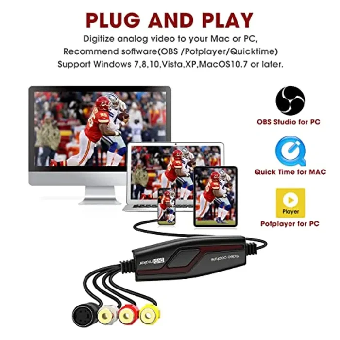 DIGITNOW!Grabber Video Scheda di Acquisizione Video USB, Trasferisce Convertitore Analogico Hi8 VHS in DVD Digitale per Windows 10/Mac,Capture Video con Adattatore Scart / AV - immagine 3