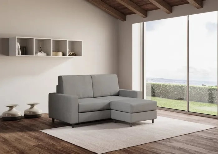 Divano 2 Posti con Pouf 148x155x85 cm Sakar in Tessuto Grigio - immagine 3