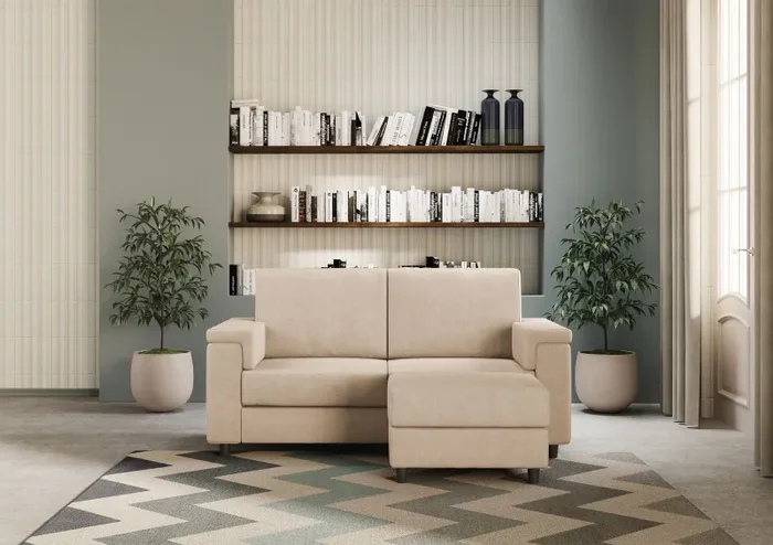 Divano 2 Posti con Pouf 168x145x85 cm Marrak in Tessuto Beige - immagine 2