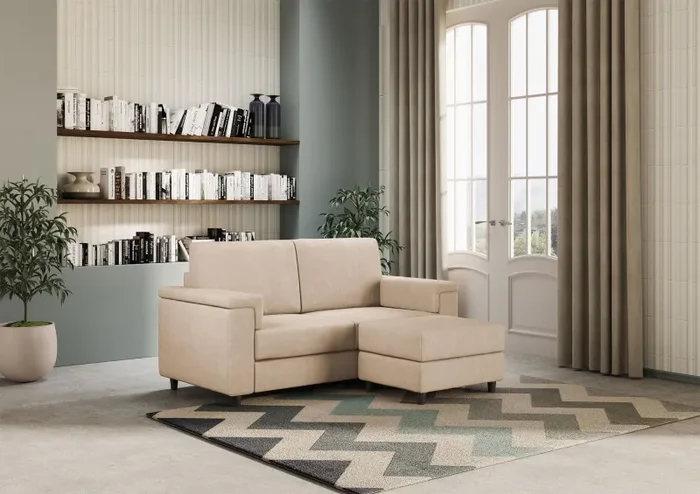Divano 2 Posti con Pouf 168x145x85 cm Marrak in Tessuto Beige - immagine 3