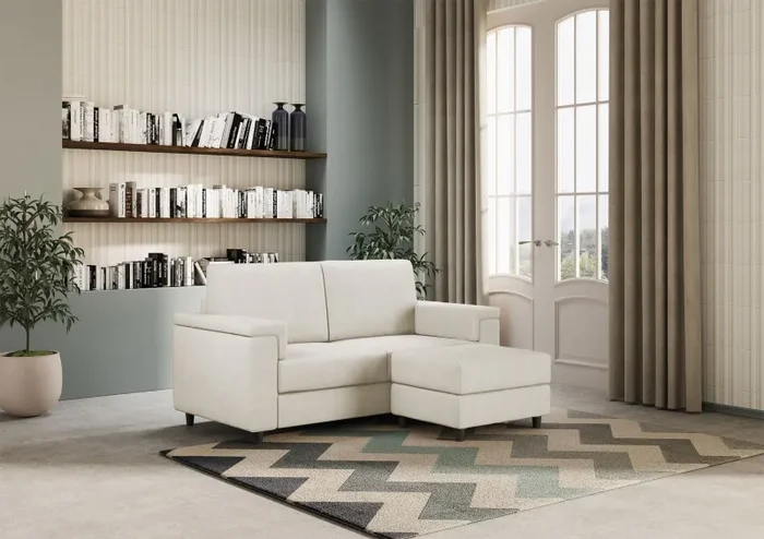 Divano 2 Posti con Pouf 168x145x85 cm Marrak in Tessuto Latte - immagine 3