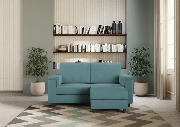 Divano 2 Posti con Pouf 168x145x85 cm Marrak in Tessuto Petrolio - immagine 2