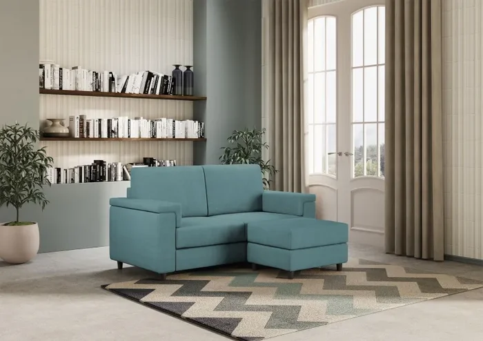 Divano 2 Posti con Pouf 168x145x85 cm Marrak in Tessuto Petrolio - immagine 3