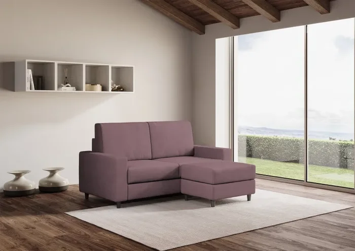 Divano 2 Posti con Pouf 168x145x85 cm Sakar in Tessuto Prugna Fornitura - immagine 3
