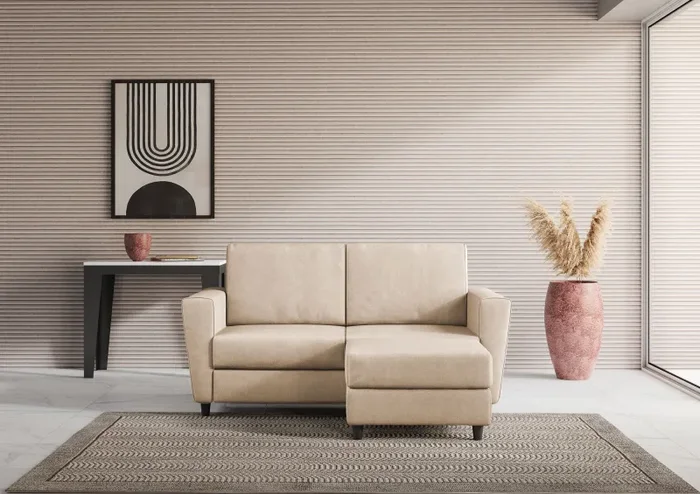 Divano 2 Posti con Pouf 172x145x85 cm Yasel in Tessuto Beige - immagine 2