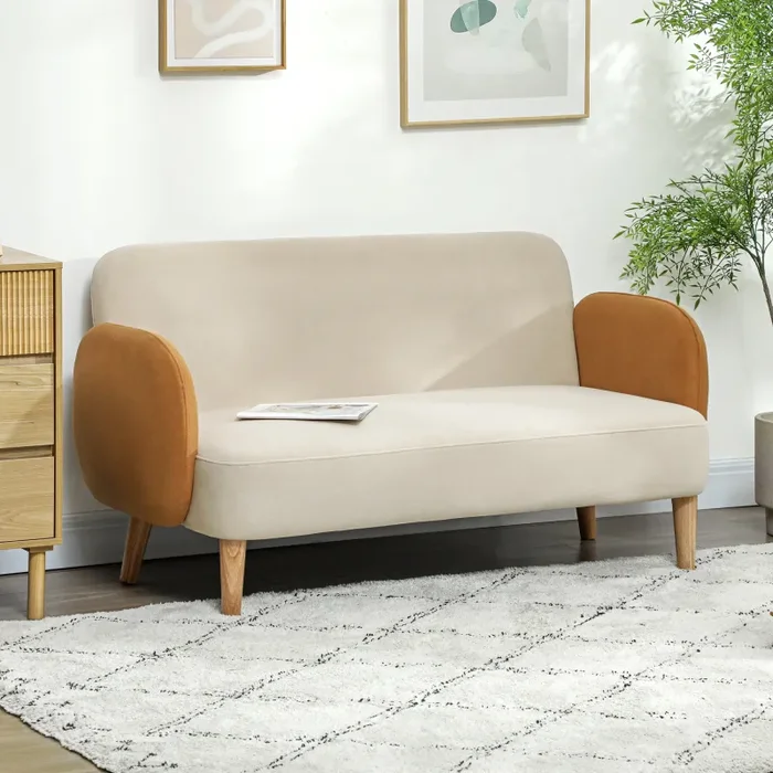 Divano 2 Posti Stile Nordico 138x73x74 cm in Tessuto Effetto Velluto e Legno Crema e Arancione - immagine 2