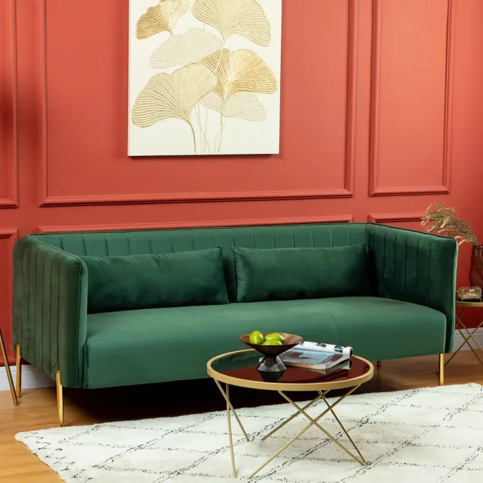 Divano 3 Posti 195x88x76 cm in Acciaio e Tessuto Vellutato Verde - immagine 2