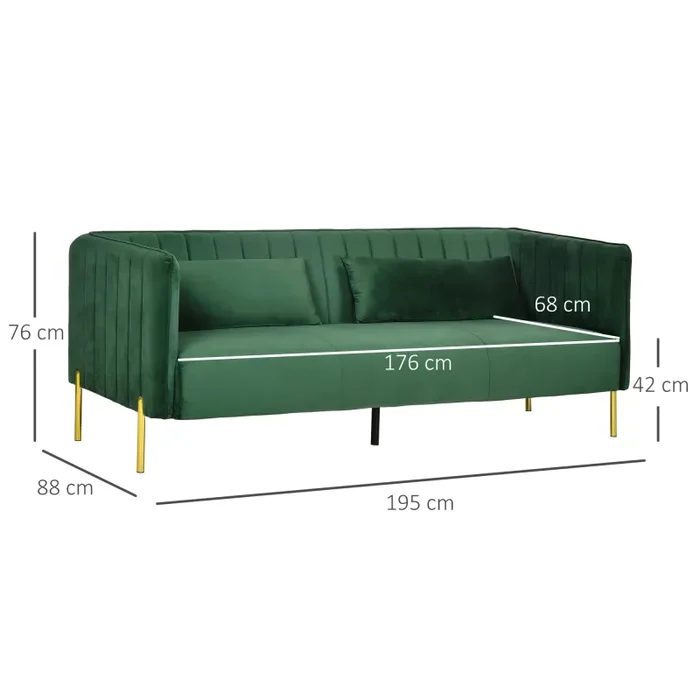 Divano 3 Posti 195x88x76 cm in Acciaio e Tessuto Vellutato Verde - immagine 3