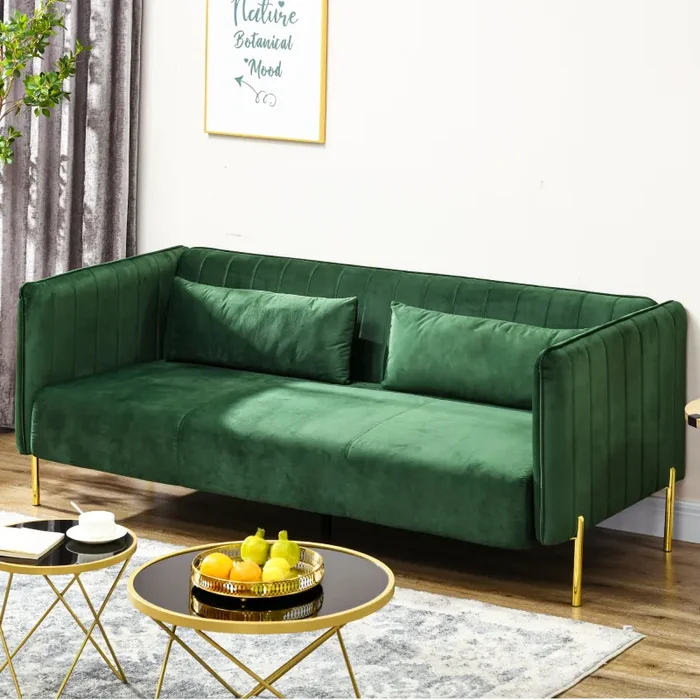 Divano 3 Posti 200x88x76 cm in Acciaio e Tessuto Vellutato Verde - immagine 2