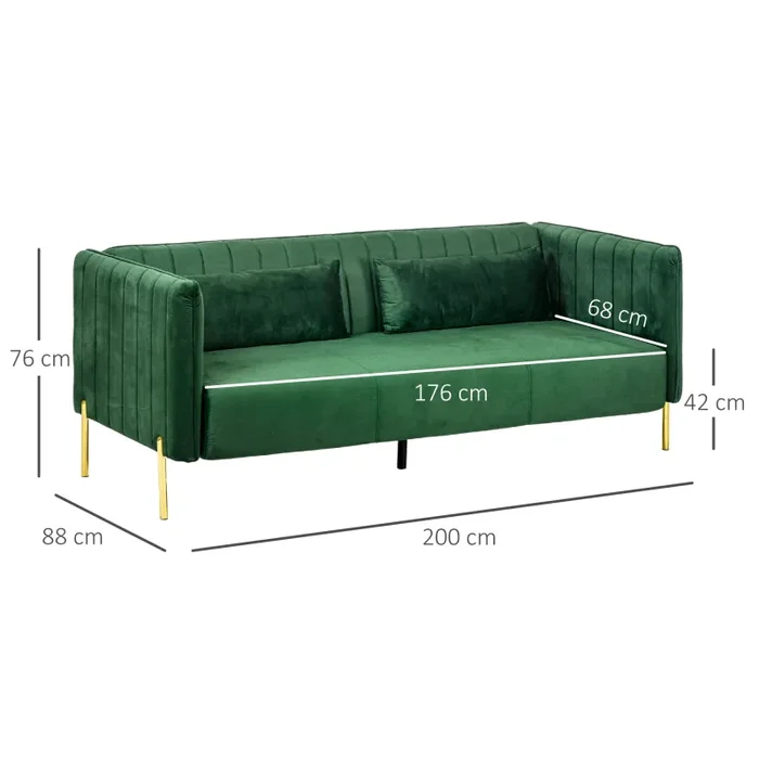 Divano 3 Posti 200x88x76 cm in Acciaio e Tessuto Vellutato Verde - immagine 3