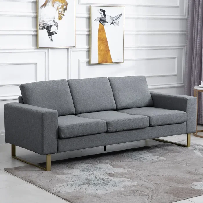 Divano 3 Posti con Cuscini in Tessuto di Lino Grigio scuro 200x82x78 cm - immagine 2