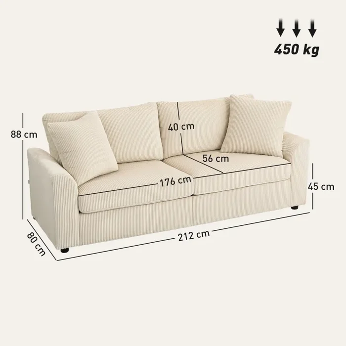 Divano 3 Posti con Molle Insacchettate e 2 Cuscini 212x80x88 cm in Velluto a Coste Bianco Crema - immagine 3