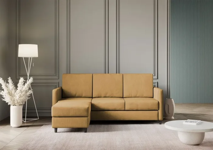 Divano 3 Posti con Pouf 198x155x85 cm Karay in Tessuto Ocra - immagine 2