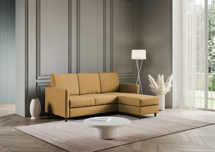 Divano 3 Posti con Pouf 198x155x85 cm Karay in Tessuto Ocra - immagine 3