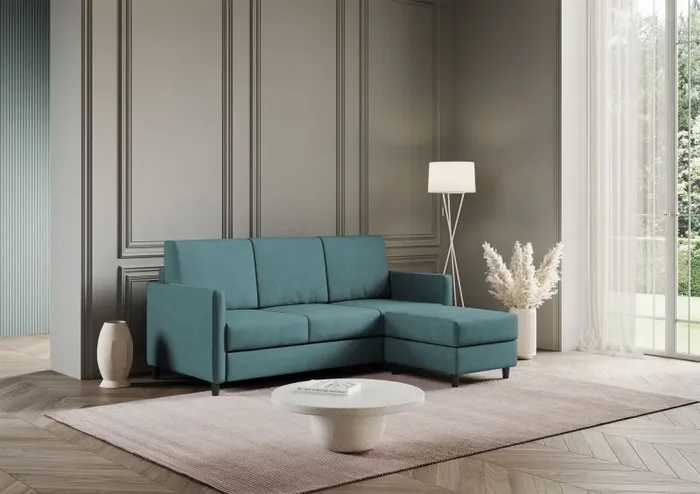 Divano 3 Posti con Pouf 198x155x85 cm Karay in Tessuto Petrolio - immagine 3