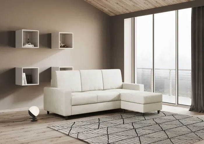 Divano 3 Posti con Pouf 208x155x85 cm Sakar in Tessuto Latte - immagine 3