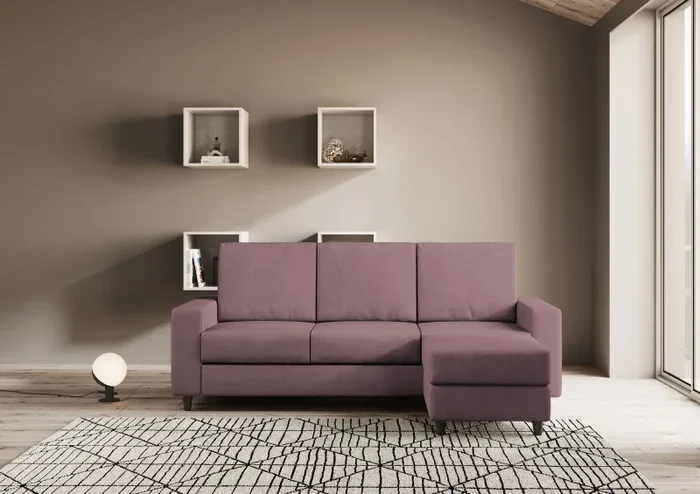 Divano 3 Posti con Pouf 208x155x85 cm Sakar in Tessuto Prugna - immagine 2