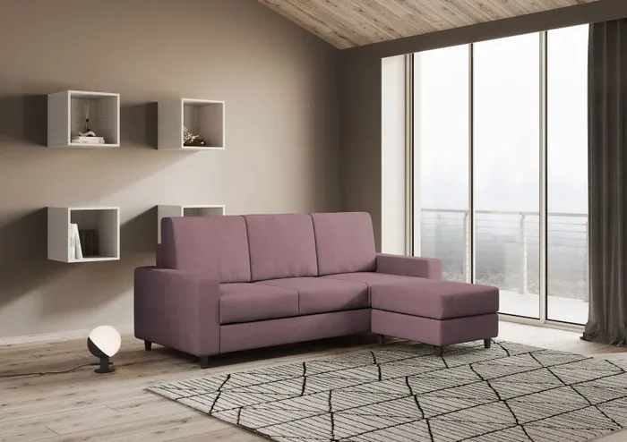 Divano 3 Posti con Pouf 208x155x85 cm Sakar in Tessuto Prugna - immagine 3