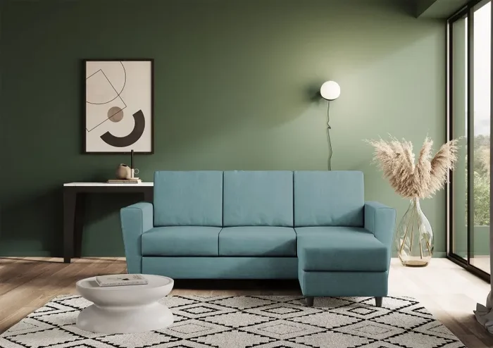 Divano 3 Posti con Pouf 212x155x85 cm Yasel in Tessuto Petrolio - immagine 2