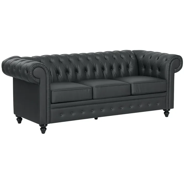 Divano 3 Posti Stile Chesterfield 213x86x79 cm a Molle Insacchettate in Finta Pelle Nero