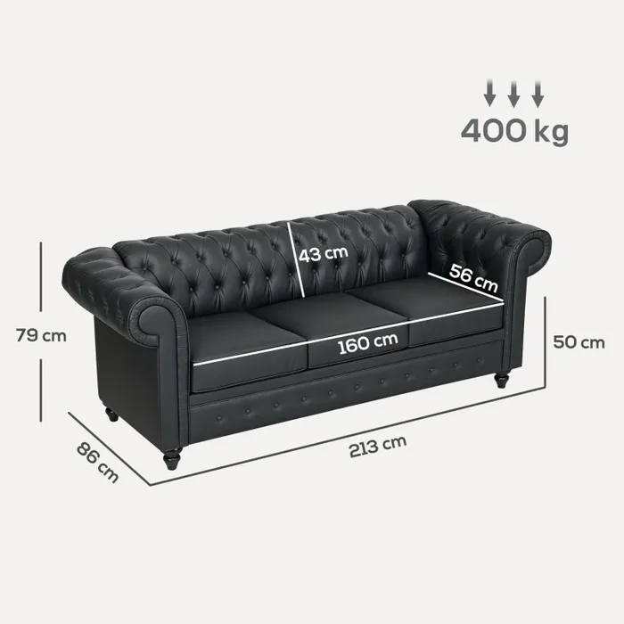Divano 3 Posti Stile Chesterfield 213x86x79 cm a Molle Insacchettate in Finta Pelle Nero - immagine 3
