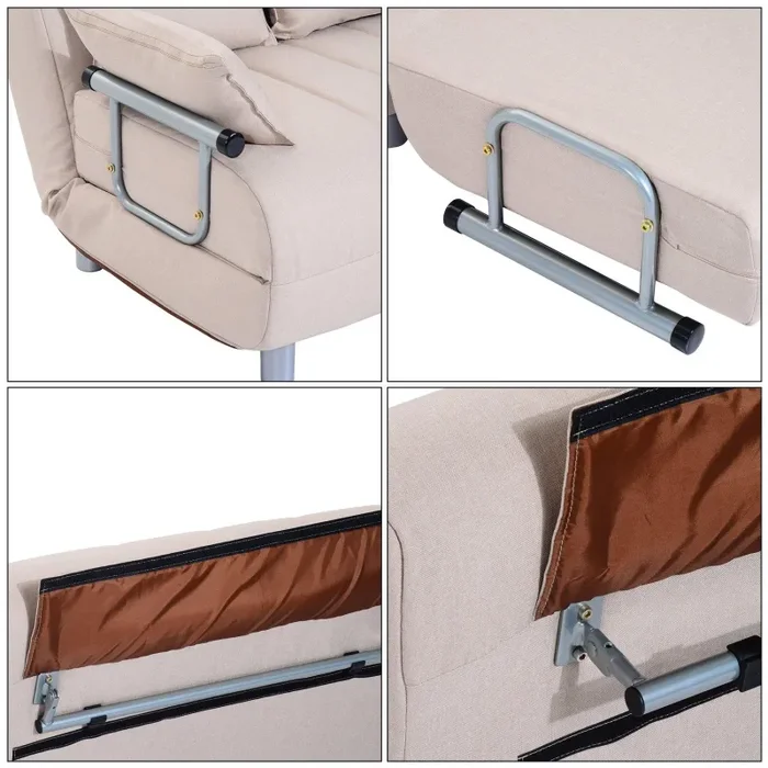 Divano Letto 2 Posti Letto 1 Piazza ½ in Acciaio e Tessuto con 4 Cuscini Crema - immagine 3