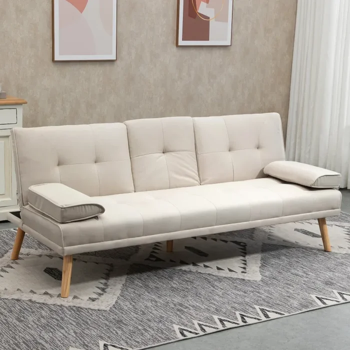 Divano Letto 3 Posti 181x77x78 cm in Tessuto Effetto Lino Beige - immagine 2