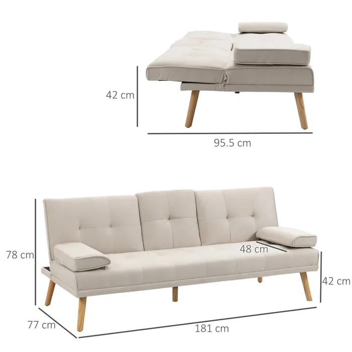 Divano Letto 3 Posti 181x77x78 cm in Tessuto Effetto Lino Beige - immagine 3