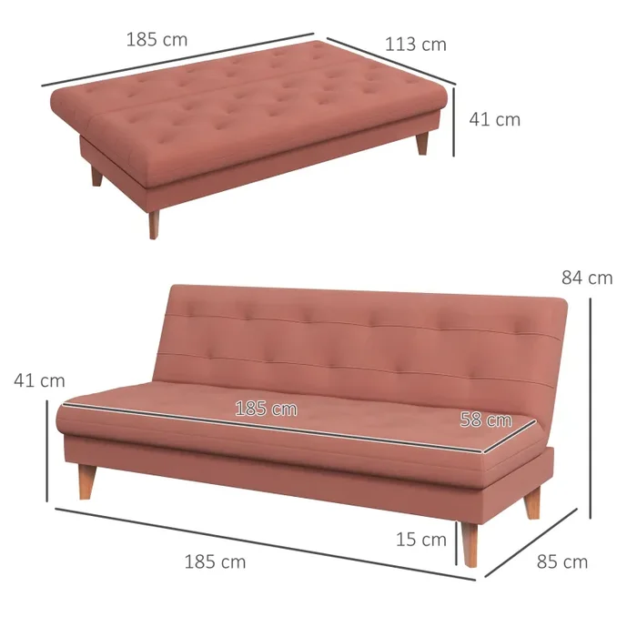 Divano Letto 3 Posti 185x85x84 cm in Tessuto Effetto Lino Arancione Moda - immagine 3
